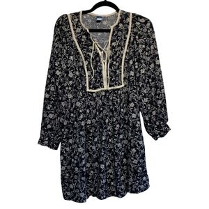 Old Navy Floral Mini‎ Dress XS Black LaceUp Long Sleeve Boho Festival Hippie